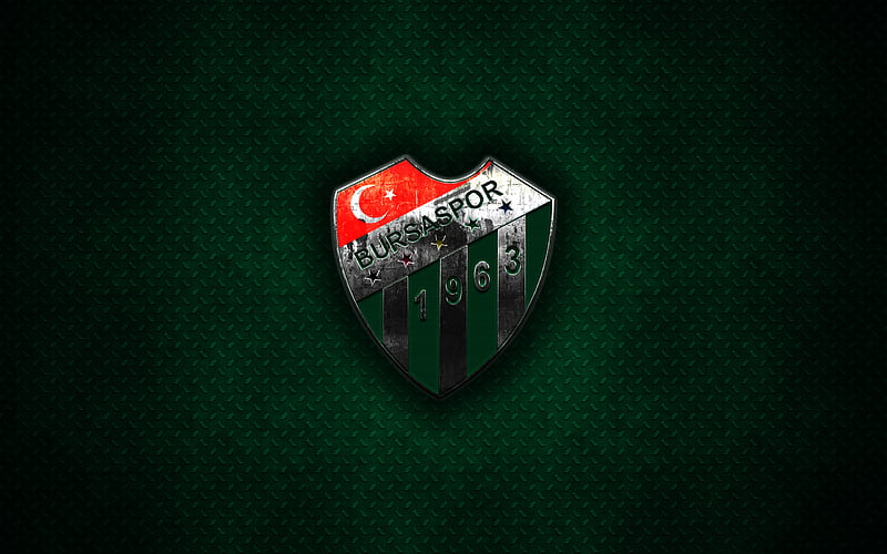 Bursaspor metal logo, creative art, Turkish football club, emblem, green metal background, Bursa, Turkey, football, Bursaspor FC, HD wallpaper