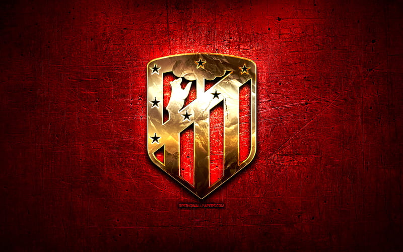 Atletico Madrid FC, golden logo, LaLiga, red abstract background, soccer, spanish football club, Atletico Madrid logo, football, Atletico Madrid, Spain, La Liga, HD wallpaper