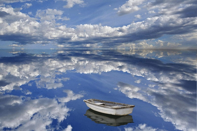 Floating with clouds, boat, nature, clouds, sky, lake, HD wallpaper