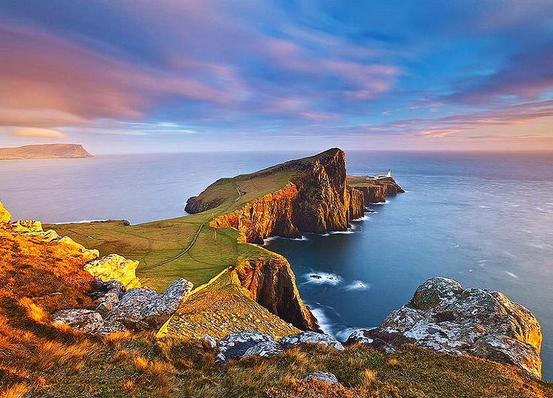 Kissed by the sun, rocks, shore, grass, sunlight, ocean, blue sky ...