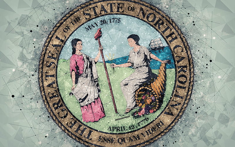 Seal of North Carolina emblem, geometric art, North Carolina State Seal, American states, green background, creative art, North Carolina, USA, state symbols USA, HD wallpaper