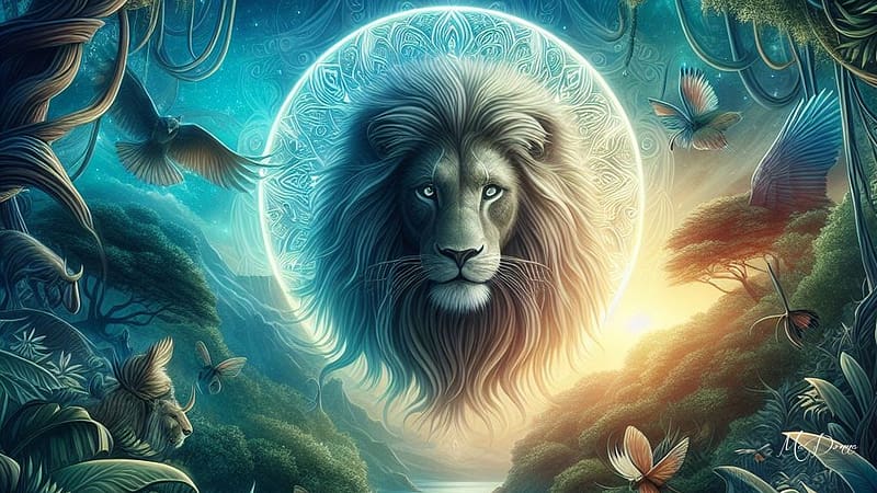 Mystical Lion, birds, blue, mystical, butterflies, lion, mountains, magical, water, river, lake, HD wallpaper