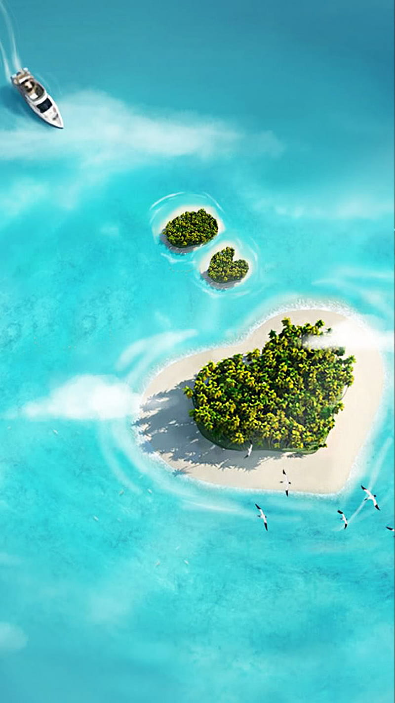 heart island, birds, blue, boat, heart, island, ocean, sea, tree, HD phone wallpaper