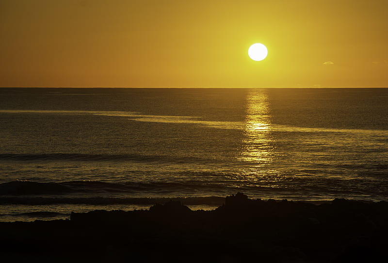 sea, glare, sunset, sun, HD wallpaper