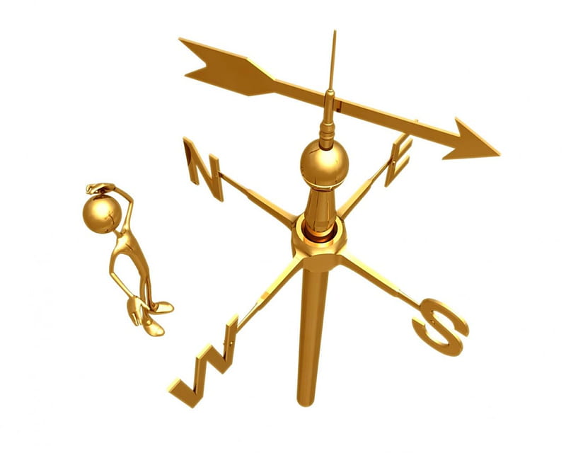 Which direction do I go..., 3d gold figure, gold direction sign, scratching head, HD wallpaper