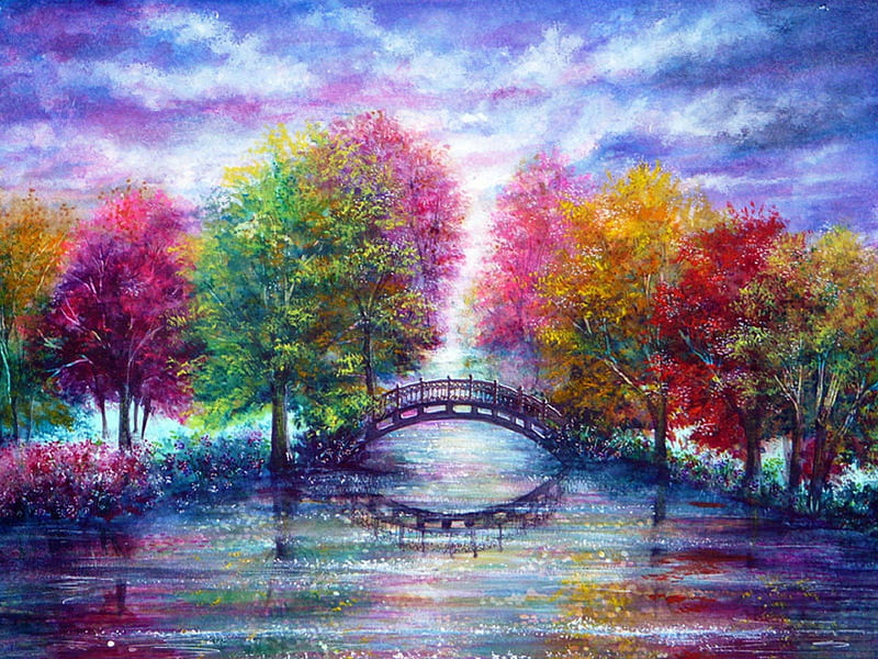 'A Bridge to Cross', architecture, colorful, attractions in dreams, most ed, paintings, parks, landscapes, heaven, scenery, traditional art, bridges, colors, love four seasons, creative pre-made, sky, trees, cool, acrylic on canvas, best of the best, nature, HD wallpaper