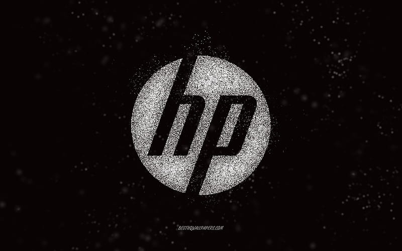 HP glitter logo, black background, HP logo, white glitter art, HP, creative art, HP white glitter logo, Hewlett-Packard logo, HD wallpaper
