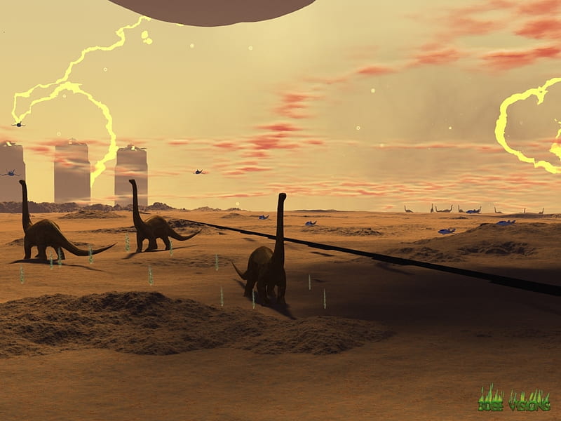 Dinosaur Planet, desert, distant city, dinosaur, planet, HD wallpaper