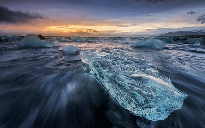 ice floes, morning, sunrise, waves, coast, Iceland, ice, HD wallpaper