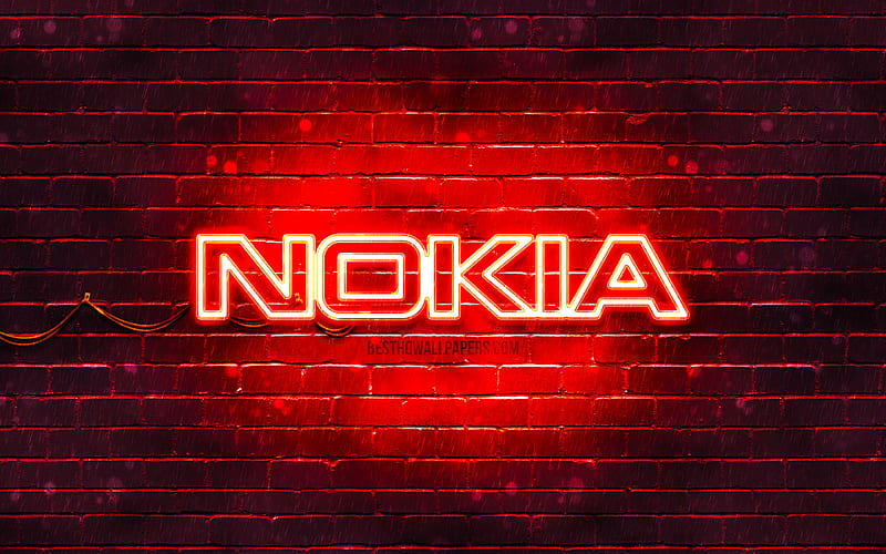 Nokia red logo red brickwall, Nokia logo, artwork, Nokia neon logo, Nokia, HD wallpaper