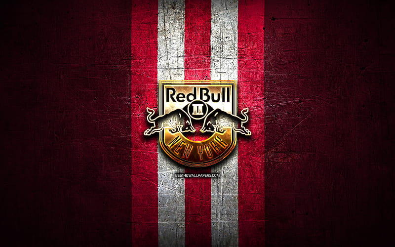 New York Red Bulls II FC, golden logo, USL, red metal background, american soccer club, United Soccer League, New York Red Bulls II logo, soccer, USA, HD wallpaper
