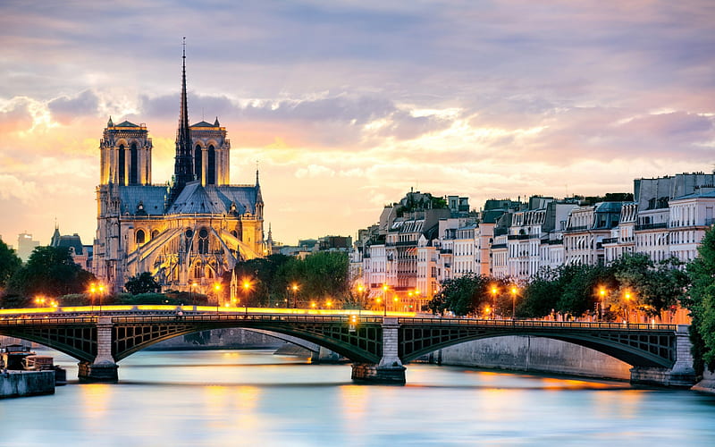 Notre Dame Cathedral and Bridge, Notre Dame, France, dusk, Cathedral, Europe, bridge, Paris, Catholic, river, HD wallpaper