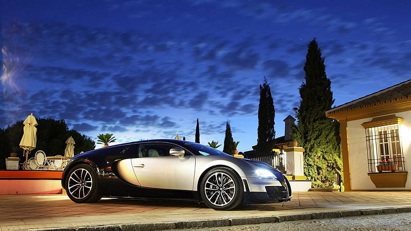super bugatti at a super mansion, driveway, car, mansion, lights, night, HD wallpaper