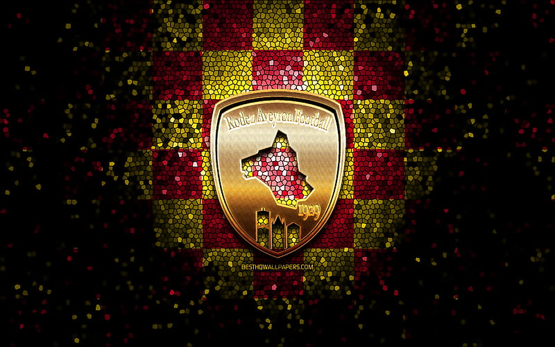 Rodez AF, glitter logo, Ligue 2, red yellow checkered background, soccer, french football club, Rodez logo, mosaic art, football, Rodez FC, HD wallpaper