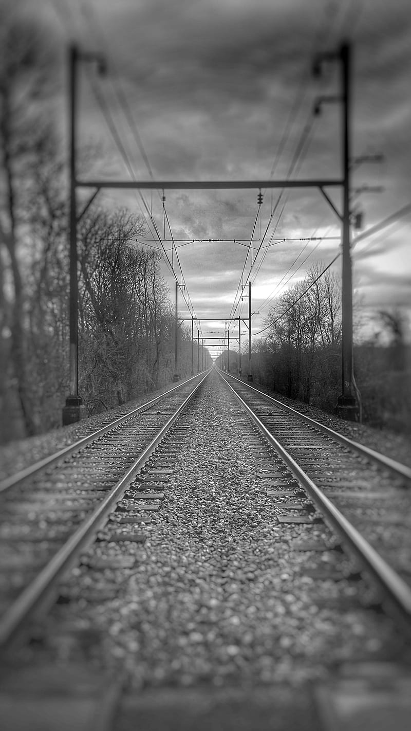 Personal, black and white, pebbles, power lines, railroad, rails, train, train tracks, winter, HD phone wallpaper