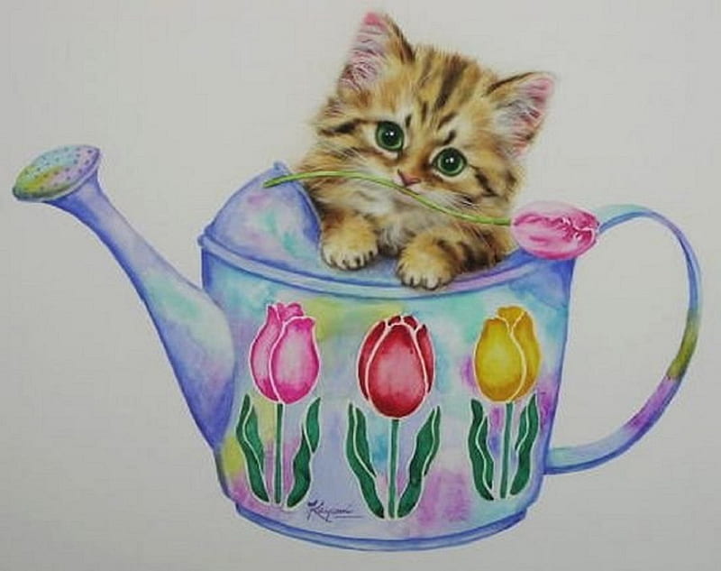 ..Little Watering.., pretty, little, draw and paint, adorable, paintings, flowers, tulips, animals, lovely, colors, love four seasons, kittens, creative pre-made, cute, watering, weird things people wear, cats, gardener, HD wallpaper