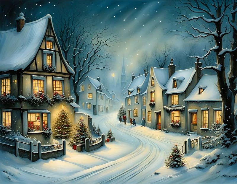 Winter village, tel, havas fak, karacsonyfa, ho, havas utak, hamlet, falu, HD wallpaper
