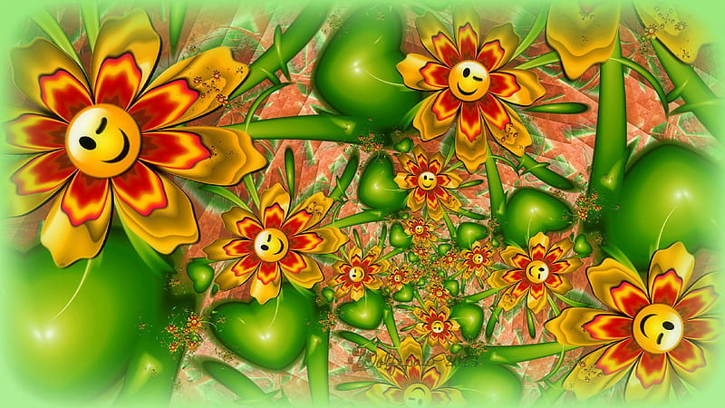 ✫Winking Smiley Faces✫, colorful, lovely, colors, love four seasons, bonito, softness beauty, creative pre-made, smiling, digital art, raw fractals, summer, fractal art, winking, lovely flowers, HD wallpaper