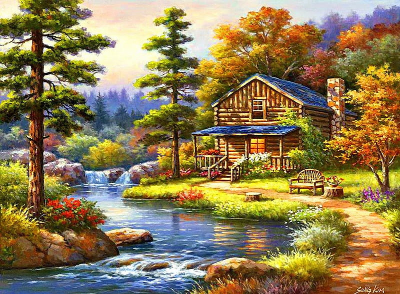 Countryside paradise, stream, pretty, house, shore, cottage, cabin, bonito, countryside, nice, painting, path, village, waterfall, flowers, river, reflection, forest, calmness, lovely, creek, trees, water, serenity, paradise, peaceful, summer, HD wallpaper