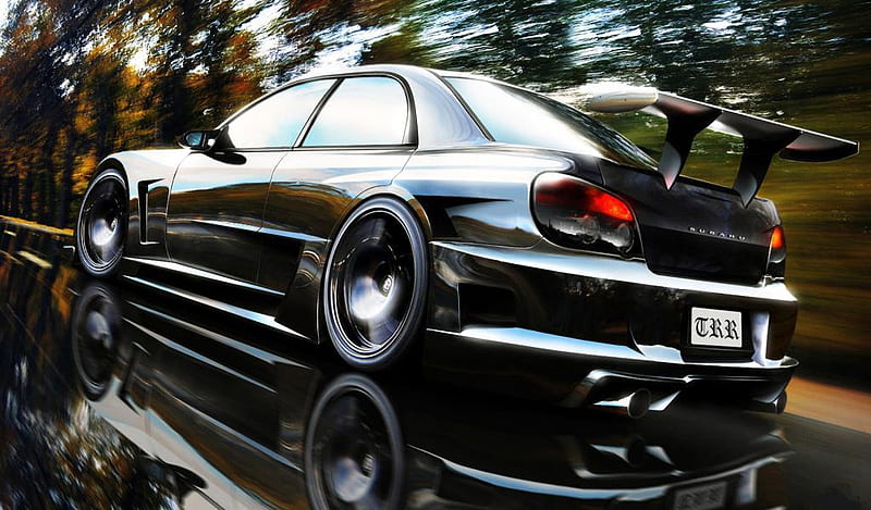 Subaru-Impreza-STI, speed, car, black, reflection, subaru, HD wallpaper