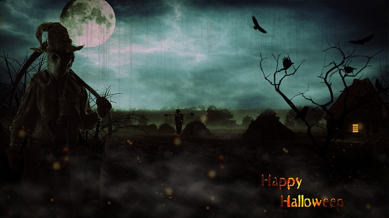 Halloween Scarecrow, crows, holiday, halloween, birds, scarecrow, trees, hay, sky, tree, farmhouse, moon, lightning, scythe, full moon, dark, crow, HD wallpaper