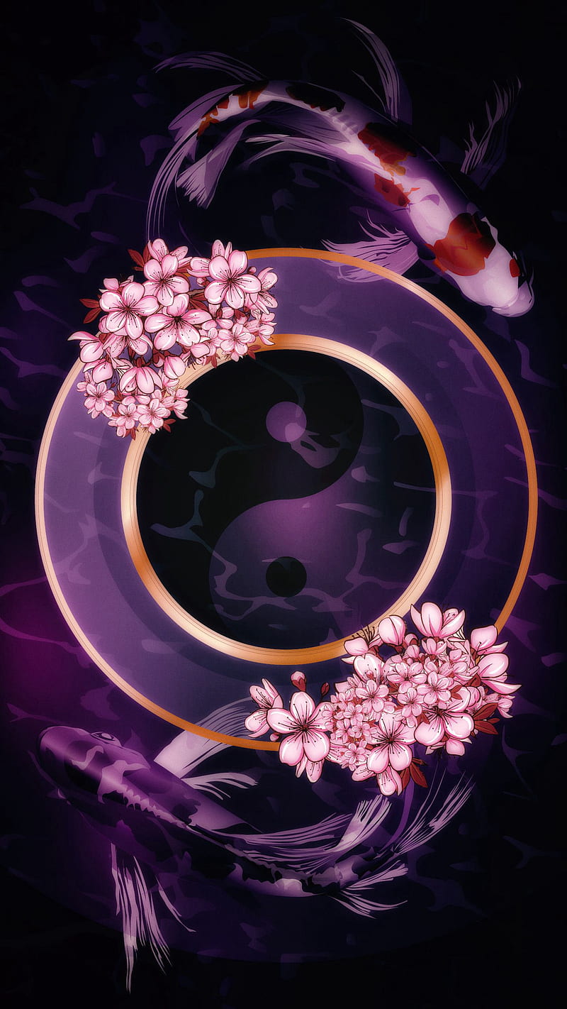 yin yang, sign, fish, flowers, HD phone wallpaper