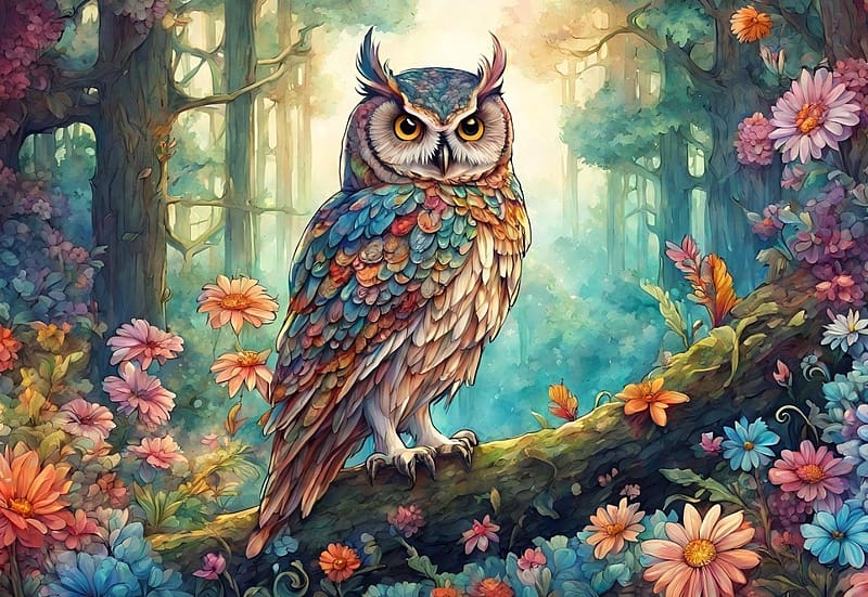 Owl on the tree branch, madar, termeszet, erdo, csor, fa, bagoly, tollazat, tajkep, szines, viragok, HD wallpaper