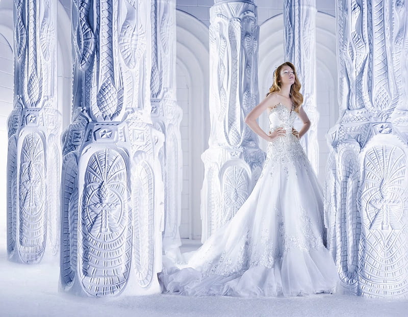 Bride, dress, girl, model, michael cinco, white, woman, blue, HD wallpaper