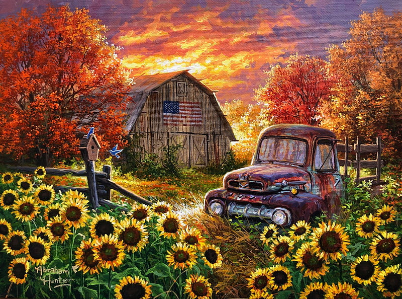 Old Glory, sunflowers, car, sunset, sky, trees, barn, autumn, artwork, leaves, painting, HD wallpaper