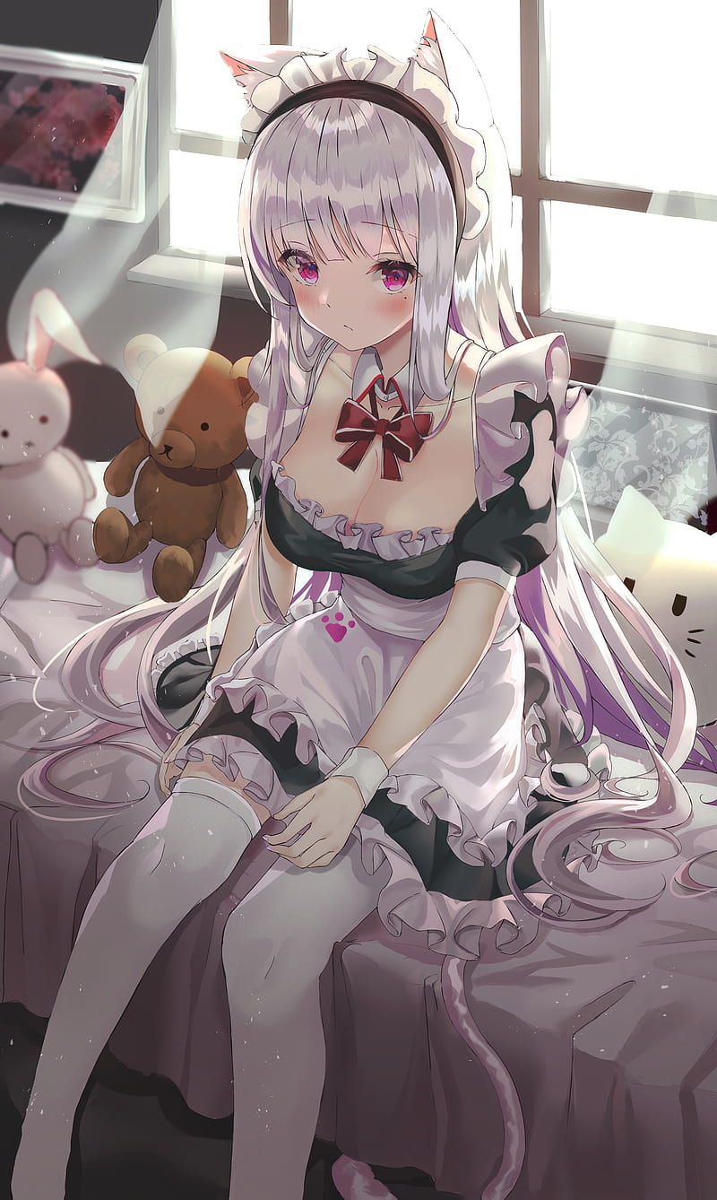 cleavage, big boobs, nurses, anime girls, Azur Lane, portrait display,  anime, thigh-highs, nurse outfit, silver hair, brown eyes, open clothes