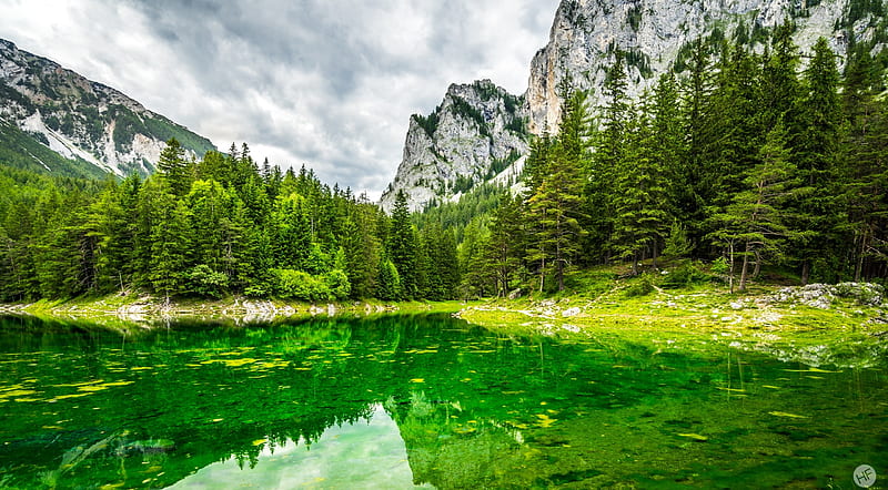 Beautiful Green Lake Ultra, Nature, Lakes, dark, bonito, Landscape, Green, Trees, Mountain, Dreamy, Lake, Dream, Tree, Forest, Mountains, Cloudy, Austria, Dreamscape, Clouds, Alps, Reflection, Waterscape, styria, mountainlake, HD wallpaper