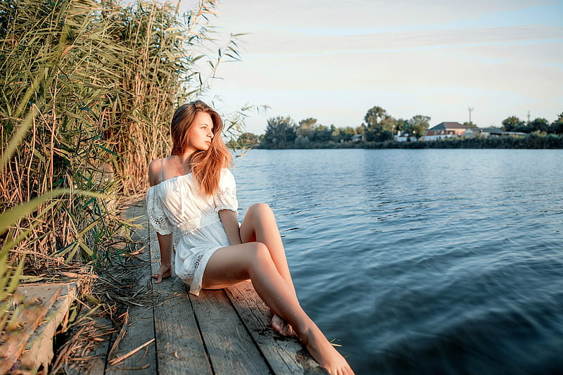 Redhead Enjoying a Summer's Eve, water, dress, redhead, model, HD ...