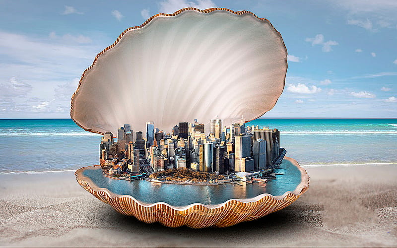 beach, sea, shell, skyscrapers, art, creative, HD wallpaper