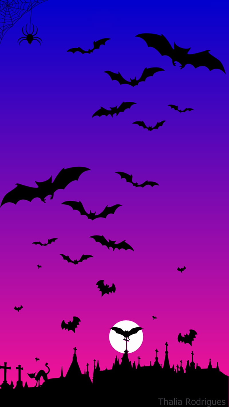 Halloween, black, blue, bruxas, cemetery, cemiterio, dark, lua, moon, morcegos, night, obscuro, pink and blue, thalia, HD phone wallpaper