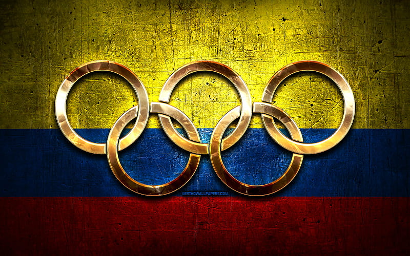 Colombian olympic team, golden olympic rings, Colombia at the Olympics, creative, Colombian flag, metal background, Colombia Olympic Team, flag of Colombia, HD wallpaper