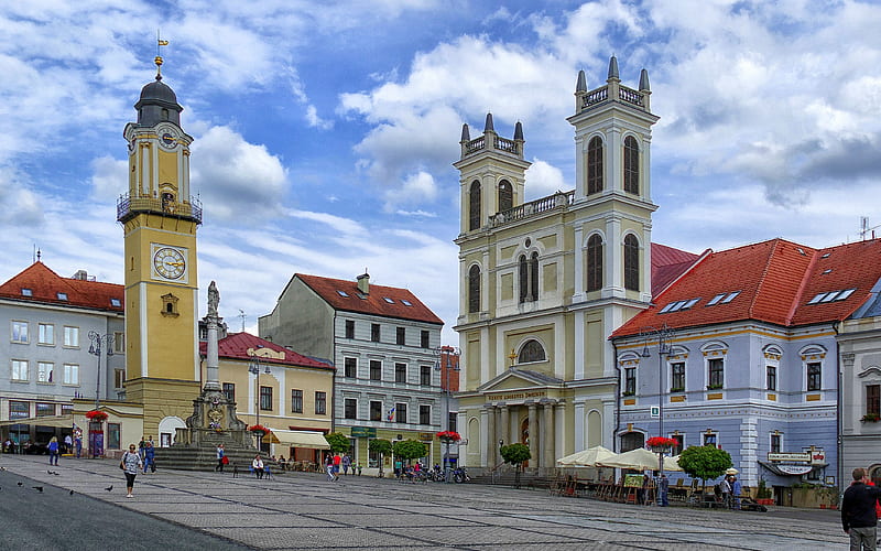 Banska Bystrica, Slovakia, Slovakia, church, houses, tower, square, HD wallpaper