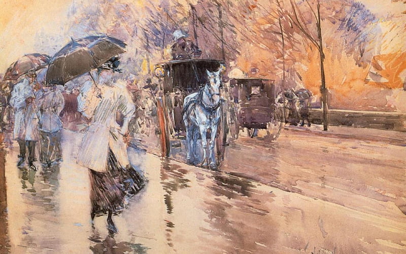 The street in a rainy day, art, autumn, orange, umbrella, horse, people, Frederick Childe Hassam, painting, rain, street, HD wallpaper