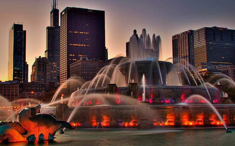 Chicago evening city, fountain, USA, Illinois, America, HD wallpaper