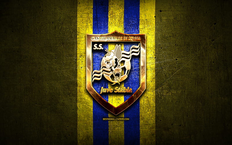 Juve Stabia FC, golden logo, Serie B, yellow metal background, football, SS Juve Stabia, italian football club, Juve Stabia logo, soccer, Italy, HD wallpaper