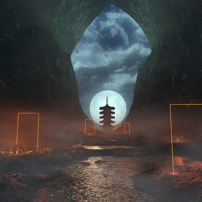cave, pagoda, moon, night, fog, HD phone wallpaper