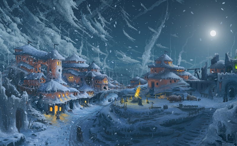 Winter, art, house, Markus, moon, snow, smoke, light, blue, night, HD wallpaper