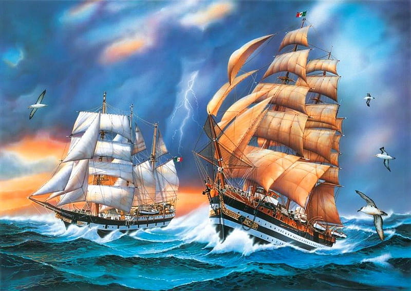 Amerigo Vespucci, ships, pirates, Vespucci, bonito, seagulls, trip, Amerigo, painting, art, ocean, frigates, waves, sky, storm, adventure, water, battle, rough, HD wallpaper