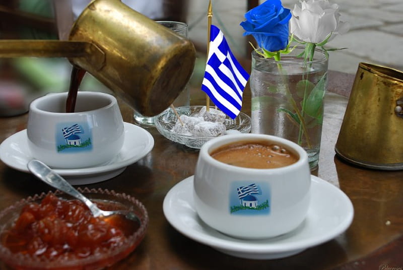 Greek coffee, greece, greek, pot, roses, coffee table, flag, jam, two, coffee, hot, cups, preserves, HD wallpaper