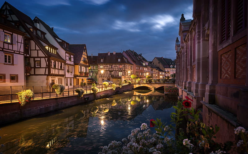 Towns, Colmar, Bridge, Canal, France, House, Night, Town, HD wallpaper