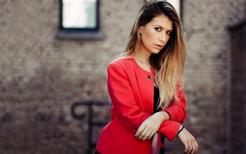 red jacket, beautiful girl, portrait, model, HD wallpaper