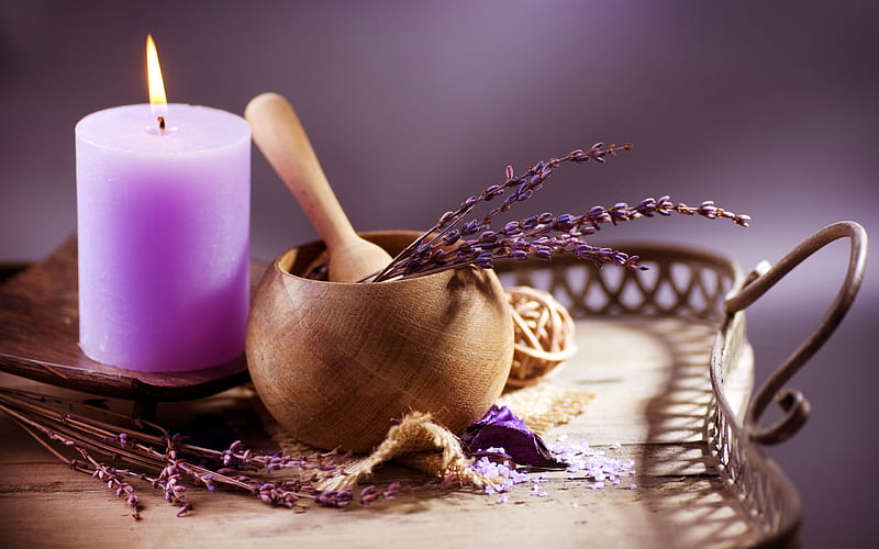 Spa, pretty, sweet moments, candlelight, lavender, bonito, fragrance, graphy, flowers, beauty, light, bowl, harmony, candle, aromatic, lovely, romantic, romance, relax, colors, peace, pestle, candles, flames, purple, treatments, HD wallpaper