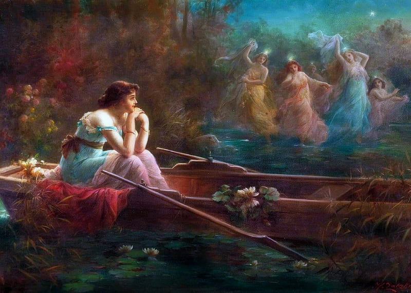★Girl Dreamer★, pretty, lotus, dreams, nymph, attractions in dreams, bonito, most ed, seasons, angels, fantasy, paintings, boats, people, flowers, girls, vintage, lakes, lovely, happiness, colors, love four seasons, creative pre-made, fantasy aficionados, weird things people wear, summer, HD wallpaper