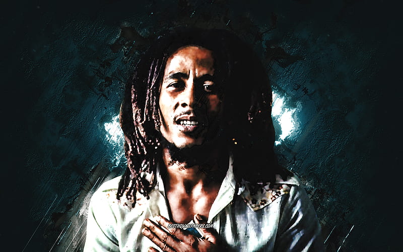 Bob Marley, jamaican musician, guitarist, portrait, blue stone background, Robert Nesta Marley, HD wallpaper