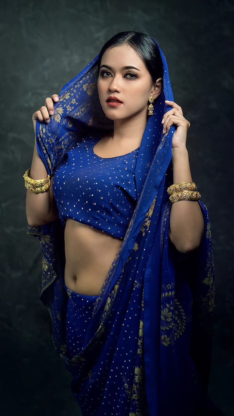 Indian beauty, bonito, blue dress, bollywood, girl, india, portrait, saree, HD phone wallpaper