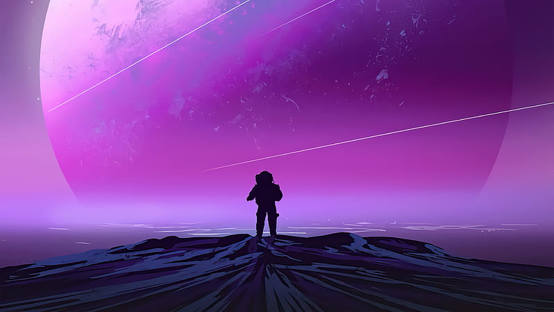 Synthwave spaceman gazing at vibrant space scene